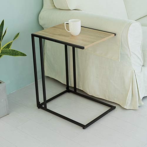 C-Hopetree - Mesa de centro lateral con forma de C, pequeña diapositiva debajo del sofá de entrenador, mesa C para portátil, marco de metal negro, aspecto moderno de madera industrial