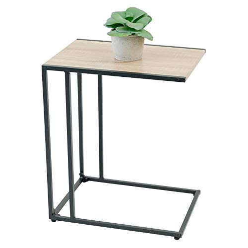 C-Hopetree - Mesa de centro lateral con forma de C, pequeña diapositiva debajo del sofá de entrenador, mesa C para portátil, marco de metal negro, aspecto moderno de madera industrial