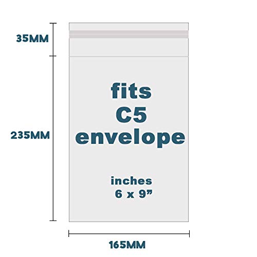 C5 - Bolsas de celofán para tarjetas de felicitación, 230 mm x 167 mm + solapa de 35 mm, 36 micras para mayor resistencia, autoadhesivas