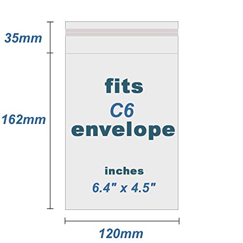 C6 - Bolsas de celofán para tarjetas de felicitación, cierre autoadhesivo, 162 x 120 mm + 35 mm