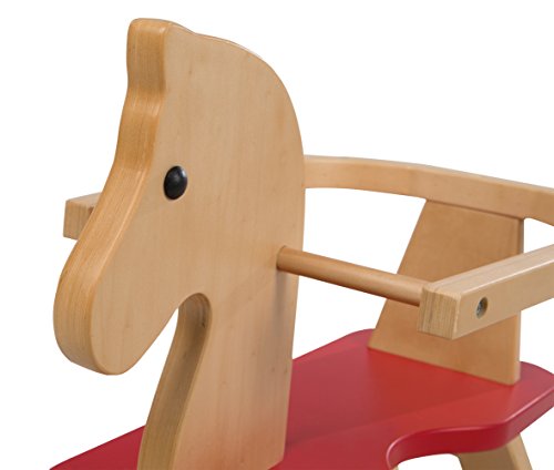Caballo de balancín roba, juguete balancin acabado en madera maciza natural y laca roja, caballo balancin para niños pequeños con anillo protector desmontable.