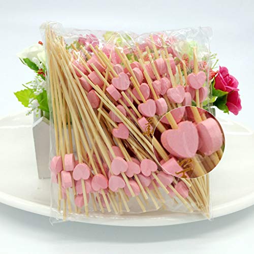 CADANIA 100 Piezas 12 cm Desechables Bambú Corazón Pinchos Fruta Postre Signo de cóctel Selecciones Comida Linda Palitos Buffet Cupcake Toppers Artículos para Fiestas Rosa