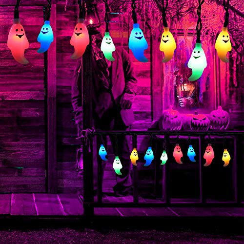 Cadena Luces Halloween, BrizLabs 30 LED Fantasma Cadena de Luces a Batería 3D Interiores Guirnalda de Luces Halloween Decoración Fiestas Boda Casa Niños Cosplay DIY, Multicolor