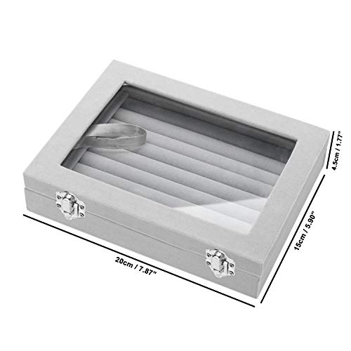Caja almacenamiento anillo terciopelo (9 rollos) - Sostenedor del anillo (20x15x4.5cm) con vaso transparente tapa Sostenga hasta 72 anillos - Exhibición para anillos, aretes, colgantes y gemelos