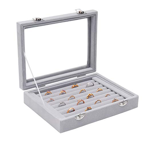 Caja almacenamiento anillo terciopelo (9 rollos) - Sostenedor del anillo (20x15x4.5cm) con vaso transparente tapa Sostenga hasta 72 anillos - Exhibición para anillos, aretes, colgantes y gemelos