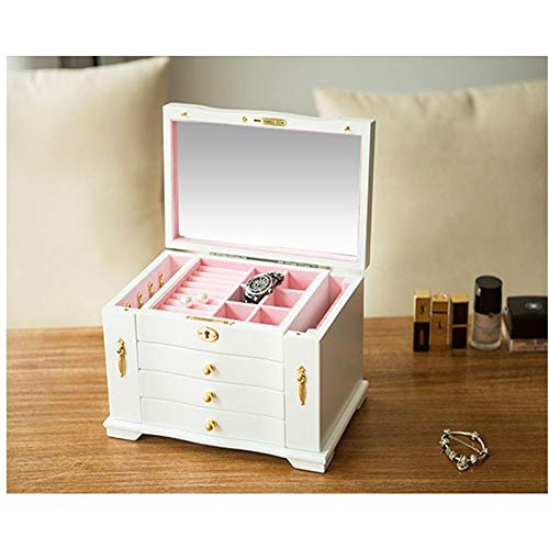 Caja de almacenamiento de joyas Joyero de madera para mujeres de alta capacidad con 3 cajones Espejo encastrable Organizador de almacenamiento de exhibición de almacenamiento con llave para anillos Pe