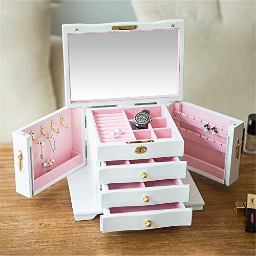 Caja de almacenamiento de joyas Joyero de madera para mujeres de alta capacidad con 3 cajones Espejo encastrable Organizador de almacenamiento de exhibición de almacenamiento con llave para anillos Pe