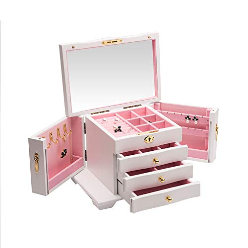 Caja de almacenamiento de joyas Joyero de madera para mujeres de alta capacidad con 3 cajones Espejo encastrable Organizador de almacenamiento de exhibición de almacenamiento con llave para anillos Pe