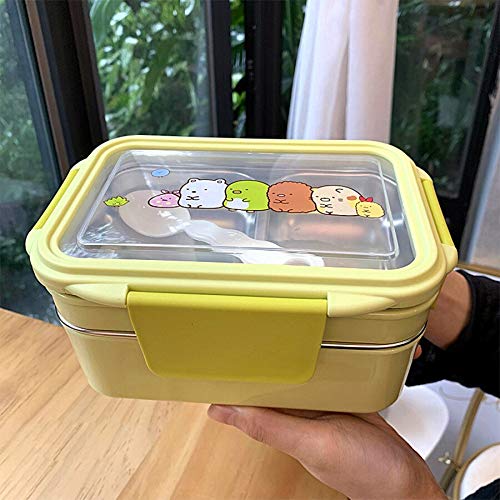 Caja de Almuerzo portátil de Acero Inoxidable Caja de Almacenamiento de Alimentos de Dibujos Animados de Doble Capa Caja de Almuerzo de microondas Escolar para niños de Picnic-Rosa