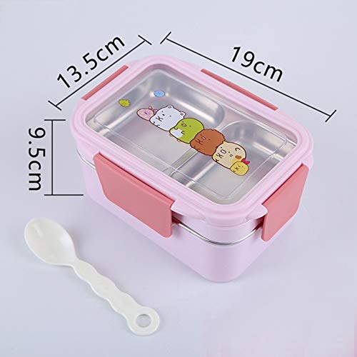 Caja de Almuerzo portátil de Acero Inoxidable Caja de Almacenamiento de Alimentos de Dibujos Animados de Doble Capa Caja de Almuerzo de microondas Escolar para niños de Picnic-Rosa
