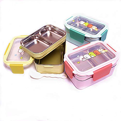 Caja de Almuerzo portátil de Acero Inoxidable Caja de Almacenamiento de Alimentos de Dibujos Animados de Doble Capa Caja de Almuerzo de microondas Escolar para niños de Picnic-Rosa