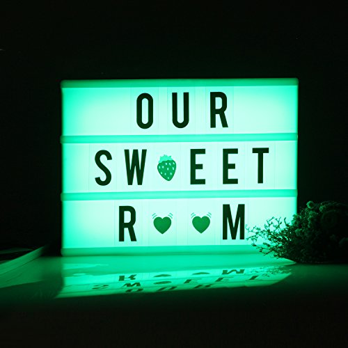 Caja de Luz Cine, A4 LED Cinema Light Letras Box, Cambio de Colore Cinematográfica Box con 120 Letras| Emojis | Símbolos Personaliza tu Propio Mensaje - Control Remoto
