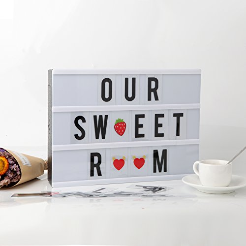 Caja de Luz Cine, A4 LED Cinema Light Letras Box, Cambio de Colore Cinematográfica Box con 120 Letras| Emojis | Símbolos Personaliza tu Propio Mensaje - Control Remoto