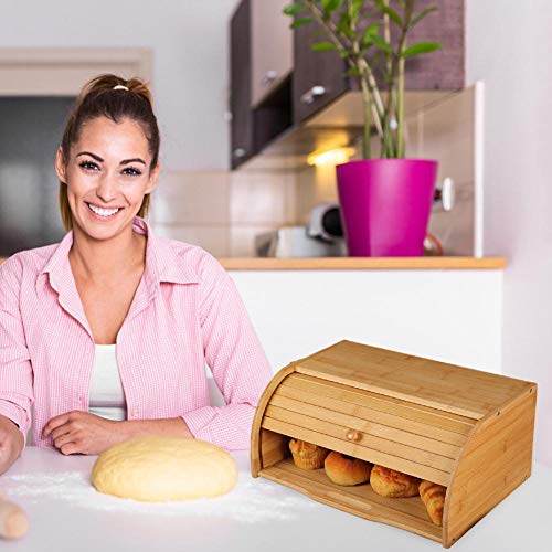 Caja De Pan De Bambú Grande, Caja De Pan con Tapa Enrollable De Bambú Natural, Almacenamiento De Alimentos En La Cocina, Recipiente De Pan para Encimera De Cocina, 15.8x10.6x6.8in - Autoensamblaje