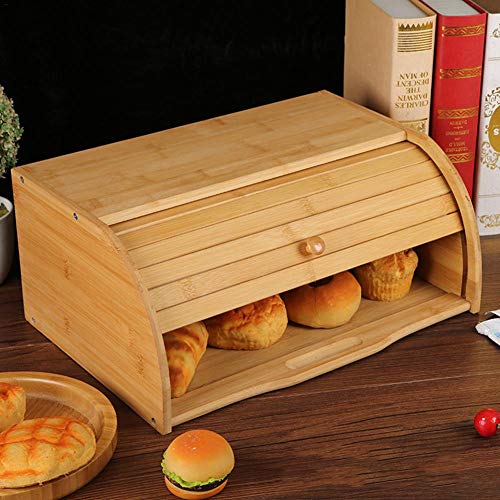 Caja De Pan De Bambú Grande, Caja De Pan con Tapa Enrollable De Bambú Natural, Almacenamiento De Alimentos En La Cocina, Recipiente De Pan para Encimera De Cocina, 15.8x10.6x6.8in - Autoensamblaje