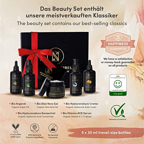 Caja de Regalo Antiedad Orgánico Regalos para Mujer Serum Facial Antiarrugas Ácido Hialurónico and Serum Vitamina ACE, Crema Facial, Gel de Aloe Vera, Aceite de Argán