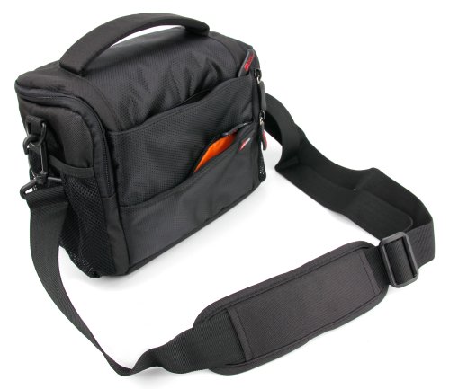 Caja de transporte negro/naranja + Bandolera DURAGADGET para cámara de vídeo Canon XC10 y Sony FDR-AX33 4 K Handycam