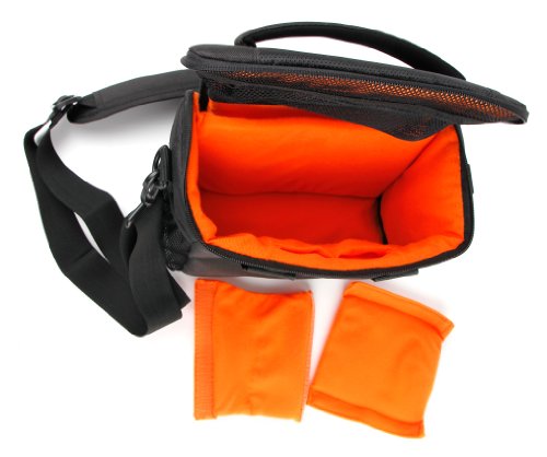 Caja de transporte negro/naranja + Bandolera DURAGADGET para cámara de vídeo Canon XC10 y Sony FDR-AX33 4 K Handycam
