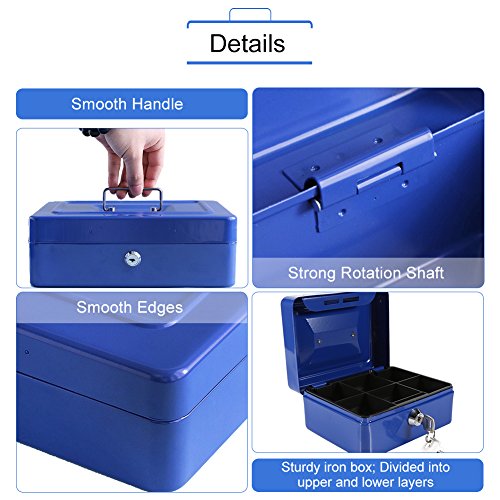 Caja Fuerte portátil Cajas de caudales Caja de Dinero pequeña con Cerradura de Llave, Caja de Seguridad portátil de Almacenamiento de Monedas de Metal de Doble Capa(Azul)