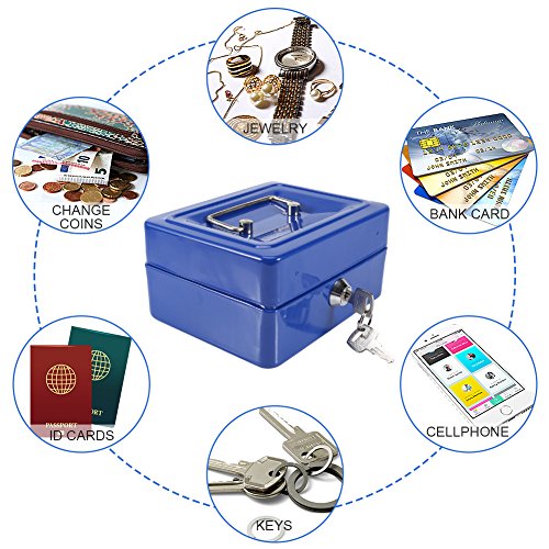 Caja Fuerte portátil Cajas de caudales Caja de Dinero pequeña con Cerradura de Llave, Caja de Seguridad portátil de Almacenamiento de Monedas de Metal de Doble Capa(Azul)