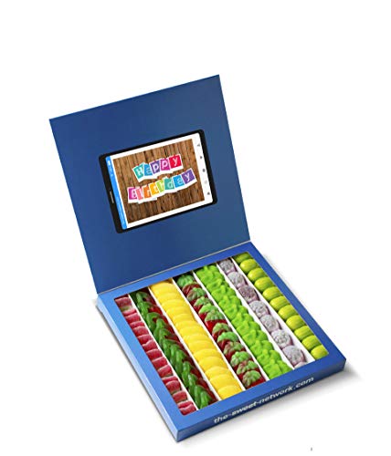 Caja golosinas Facebook 23x23cm con mensaje HAPPY BIRTHDAY, su interior contiene 750g de golosinas Fruit