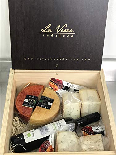 Caja Regalo QUESOS GOURMET - GRANDE - 2 QUESOS LECHE CRUDA + 4 QUESOS DE ESPECIAS + Botella ACEITE ECO) - La Verea Andaluza. Quesos artesanos y Aceite de oliva ECOLÓGICO, 100% Monovarietal Arbosana.