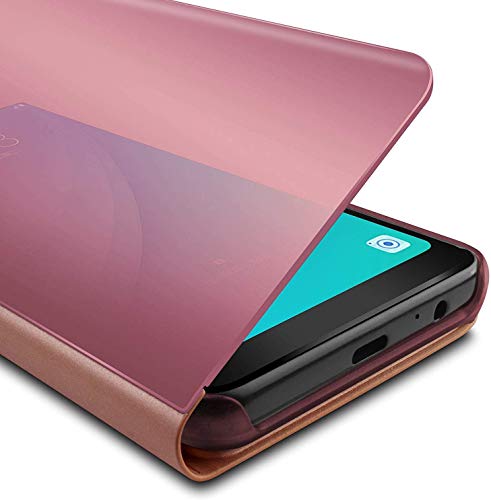 Caler Case Compatible con Samsung Galaxy S7 Edge Funda Cuero PU Espejo Brillante Clear View Modelo Fecha Duro Cover Flip Tapa Libro Soporte Plegable Ventana de Espejo Transparente Carcasa(Oro Rosa)