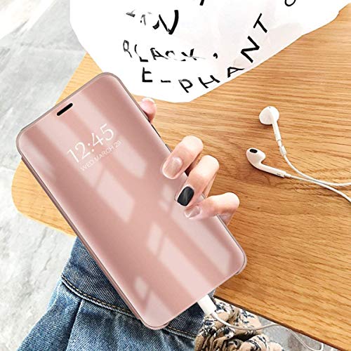 Caler Case Compatible con Samsung Galaxy S7 Edge Funda Cuero PU Espejo Brillante Clear View Modelo Fecha Duro Cover Flip Tapa Libro Soporte Plegable Ventana de Espejo Transparente Carcasa(Oro Rosa)