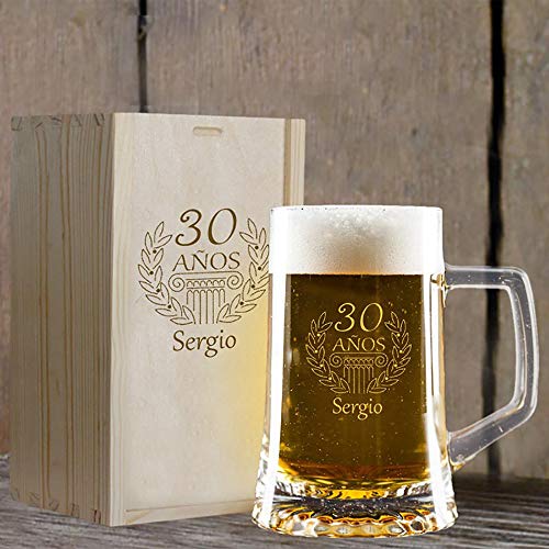 Calledelregalo Regalo de cumpleaños Personalizado: Jarra de Cerveza grabada con su Nombre y año de Nacimiento en Estuche de Madera también Grabado