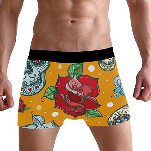 Calzoncillos tipo boxeador para hombres Respirable Cráneo de azúcar Flores color de rosa Calzoncillos Ropa interior Estiramiento Acción de secado rápido suave Microfibra inspirada en los deportes