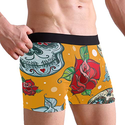 Calzoncillos tipo boxeador para hombres Respirable Cráneo de azúcar Flores color de rosa Calzoncillos Ropa interior Estiramiento Acción de secado rápido suave Microfibra inspirada en los deportes
