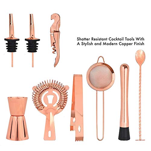 Camarero Kit de cobre de 11 piezas, de cobre cóctel parisina ciencia de la mezcla Conjunto, de oro rosa de la coctelera con Muddler, vertedores, Colador Twisted Bar cuchara, for principiantes y experi
