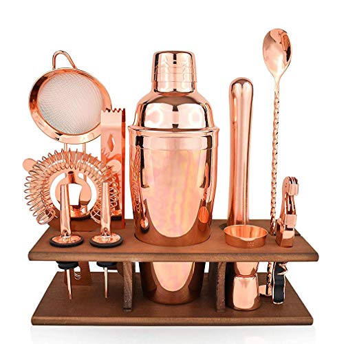 Camarero Kit de cobre de 11 piezas, de cobre cóctel parisina ciencia de la mezcla Conjunto, de oro rosa de la coctelera con Muddler, vertedores, Colador Twisted Bar cuchara, for principiantes y experi