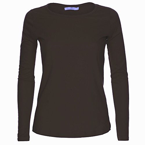 Camiseta de manga larga para mujer, cuello redondo, diseño liso. Tallas S-XL Marrón chocolate S/M Para encaja 36-38