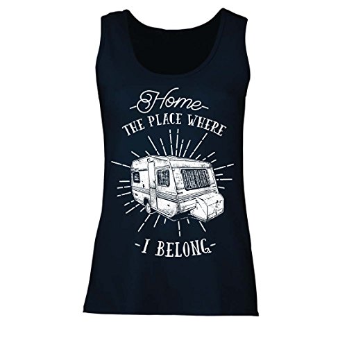 Camisetas sin Mangas para Mujer el Lugar al Que pertenezco - Caravana, campista - Desierto, Salvaje y Feliz día de Fiesta, Naturaleza, Playa, Camping Forestal (Large Azul Multicolor)