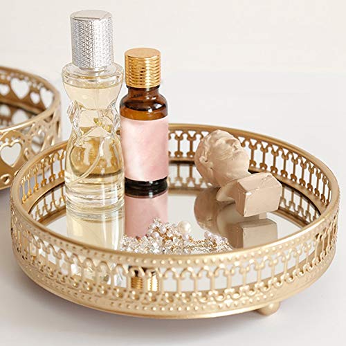 Camisin - Bandeja de almacenamiento de joyas de hierro dorado con espejo de cristal, organizador de maquillaje, para escritorio, cosméticos, postres decorativos, 17,5 cm