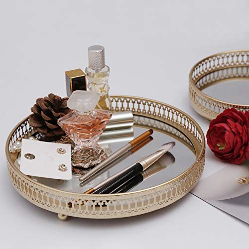 Camisin - Bandeja de almacenamiento de joyas de hierro dorado con espejo de cristal, organizador de maquillaje, para escritorio, cosméticos, postres decorativos, 17,5 cm