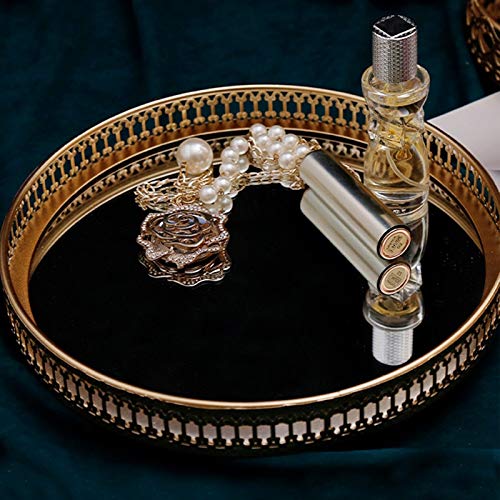 Camisin - Bandeja de almacenamiento de joyas de hierro dorado con espejo de cristal, organizador de maquillaje, para escritorio, cosméticos, postres decorativos, 17,5 cm