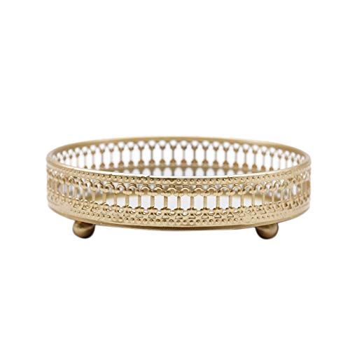 Camisin - Bandeja de almacenamiento de joyas de hierro dorado con espejo de cristal, organizador de maquillaje, para escritorio, cosméticos, postres decorativos, 17,5 cm