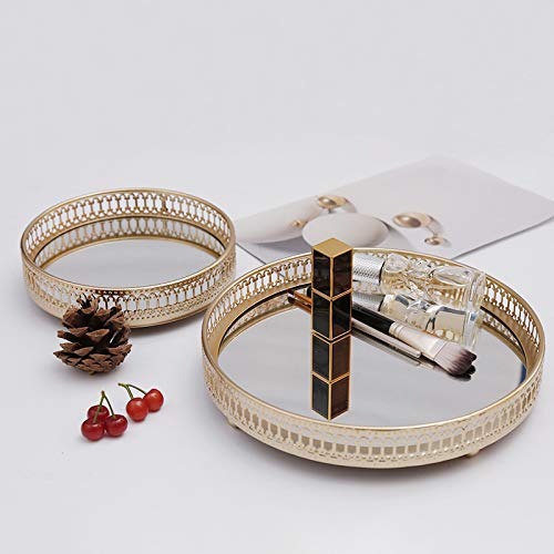 Camisin - Bandeja de almacenamiento de joyas de hierro dorado con espejo de cristal, organizador de maquillaje, para escritorio, cosméticos, postres decorativos, 17,5 cm