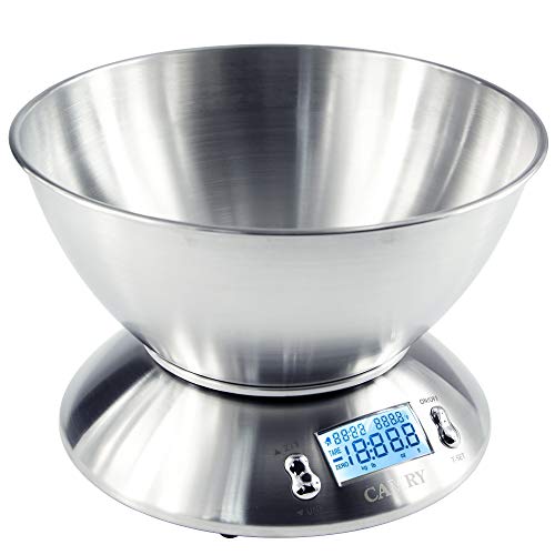 Camry Báscula de Cocina Electrónicas con Tazón Removible, 11 lbs / 5 kg, de acero inoxidable, Retroiluminación de la pantalla LCD