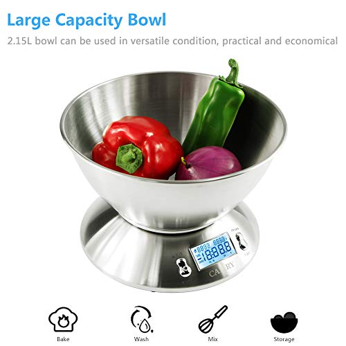 Camry Báscula de Cocina Electrónicas con Tazón Removible, 11 lbs / 5 kg, de acero inoxidable, Retroiluminación de la pantalla LCD