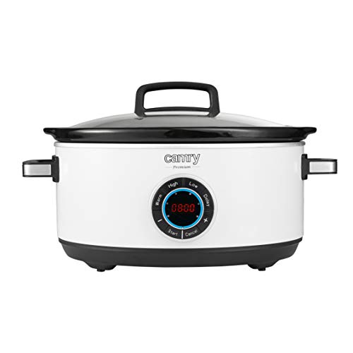 Camry CR6410 Olla de Cocción Lenta, 6.5 L Slow Cooker Temporizador Digital y 3 Configuraciones de Temperatura, Olla Coccion Lenta Tapa de Vidrio y Olla de Cerámica, Blanco
