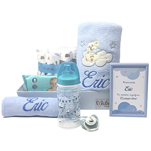 Canastilla de bebe personalizada que incluye manta bordada, muselina biberón y chupete, Modelo Mi Bibi (Azul)