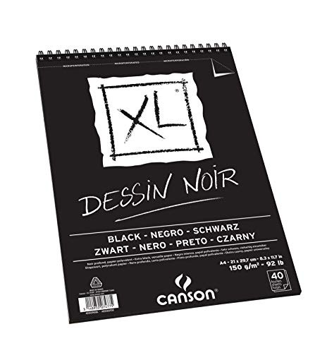 Canson XL Dessin Álbum Espiral Microperforado, A4, 40 Hojas, Grano Fino 150 g, 210 x 309 mm, Negro