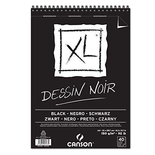 Canson XL Dessin Álbum Espiral Microperforado, A4, 40 Hojas, Grano Fino 150 g, 210 x 309 mm, Negro