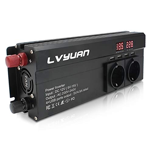 Cantonape 1000W inversor de Corriente，Transformador 12V a 220V，con 4 USB 3 Tomas & Pantalla LED，Convertidor Onda Modificada para Phone Pad y Tableta Laptop （Pico 2000W） Inversor para Coche