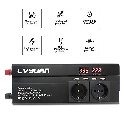 Cantonape 1000W inversor de Corriente，Transformador 12V a 220V，con 4 USB 3 Tomas & Pantalla LED，Convertidor Onda Modificada para Phone Pad y Tableta Laptop （Pico 2000W） Inversor para Coche