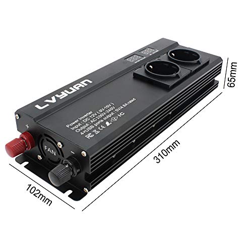 Cantonape 1000W inversor de Corriente，Transformador 12V a 220V，con 4 USB 3 Tomas & Pantalla LED，Convertidor Onda Modificada para Phone Pad y Tableta Laptop （Pico 2000W） Inversor para Coche