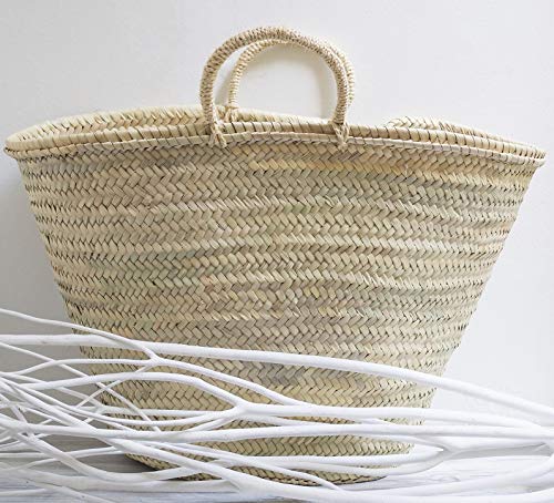 Capazo de Palma Reforzado, Cesto o Bolso de Mimbre para la Playa, Fibras Naturales. (10V, Aprox. 51x31 cm)